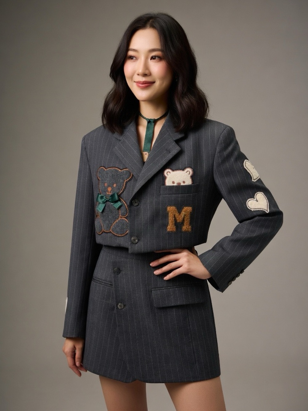 Gray Pinstripe Blazer with Bear Patches Vintage Remake